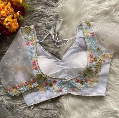 Off White Floral Embroidered Designer Blouse - Image 4