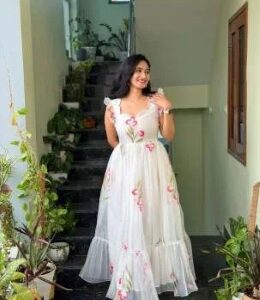 Elegant White Cotton Floral Print One Piece Dress