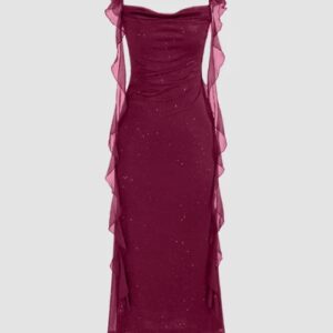 Maroon Ruched Ruffle Mesh Sleeveless Bodycon Midi Dress