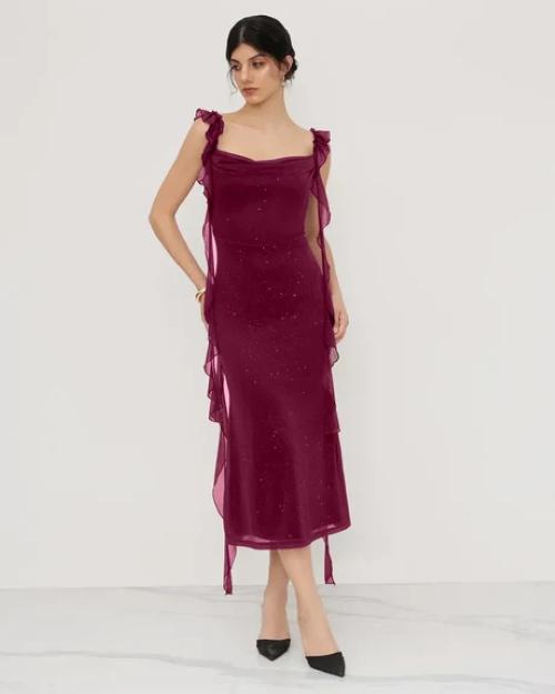 Maroon Ruched Ruffle Mesh Sleeveless Bodycon Midi Dress - Image 2