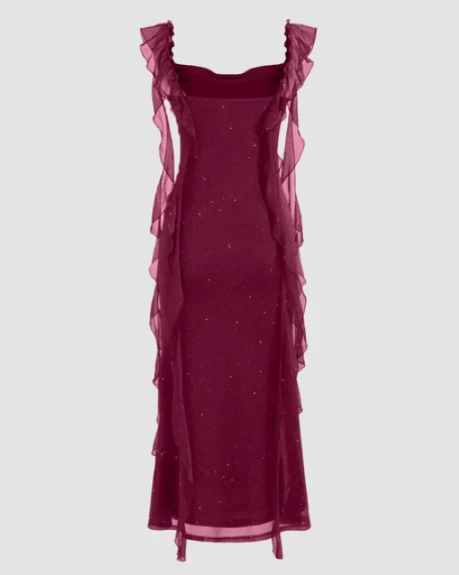 Maroon Ruched Ruffle Mesh Sleeveless Bodycon Midi Dress - Image 3