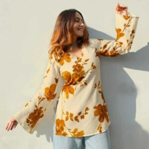 Women Floral Print, Printed Viscose Rayon Tunic Kurta (Brown)