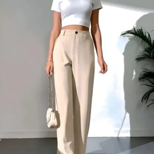 Women Loose Fit Beige Cotton Blend Trousers