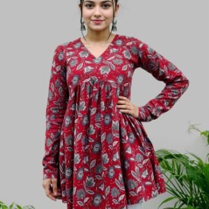 Women Printed Viscose Rayon Flared Kurta (Red)