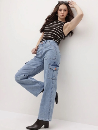 Women Flared High Rise Dark Blue Jeans - Image 5