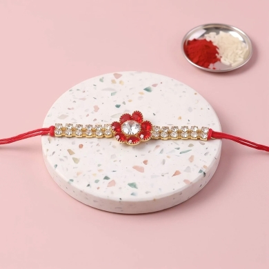 Red Flower Pearl Bracelet Rakhi - Image 2