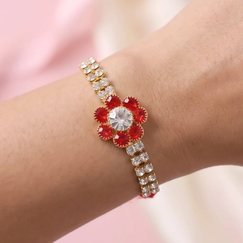 Red Flower Pearl Bracelet Rakhi - Image 3